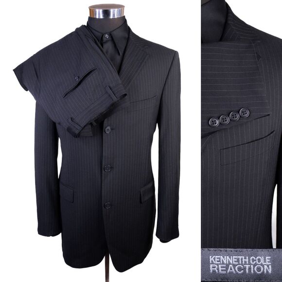 Kenneth Cole 2-Pcs Striped Black Suit 3-Buttons Jacket Blazer Sz 40R Pants 33X29 - Picture 1 of 16
